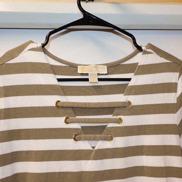 Michael Kors Olive & White Striped Lace-Up Neckline Casual Dress Size L - Picture 4 of 8